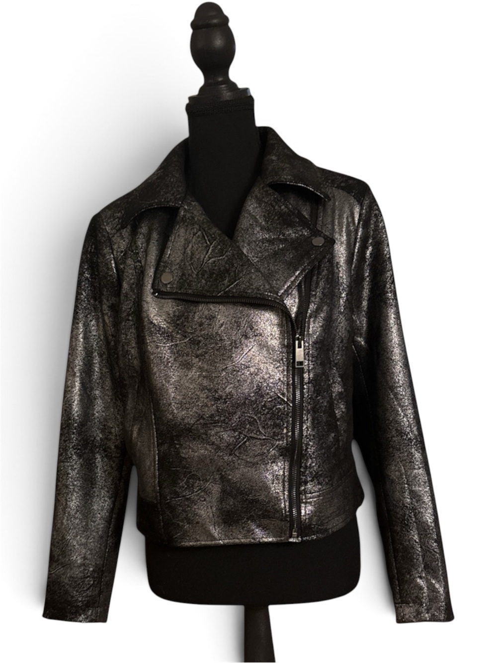 G by Giuliana Distressed Metallic Moto Jacket L Black Silver Foil Asymmetric Zip